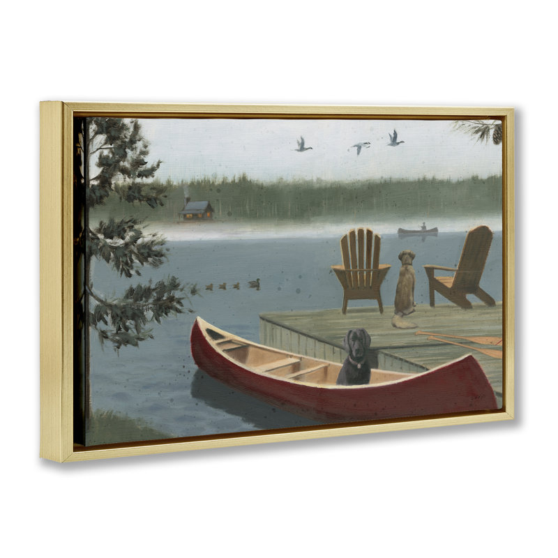 «Dogs on Lake Dock», toile flottante encadrée grise par James Wiens, Cadre flottant métallique doré, H 21 po x l 31 po