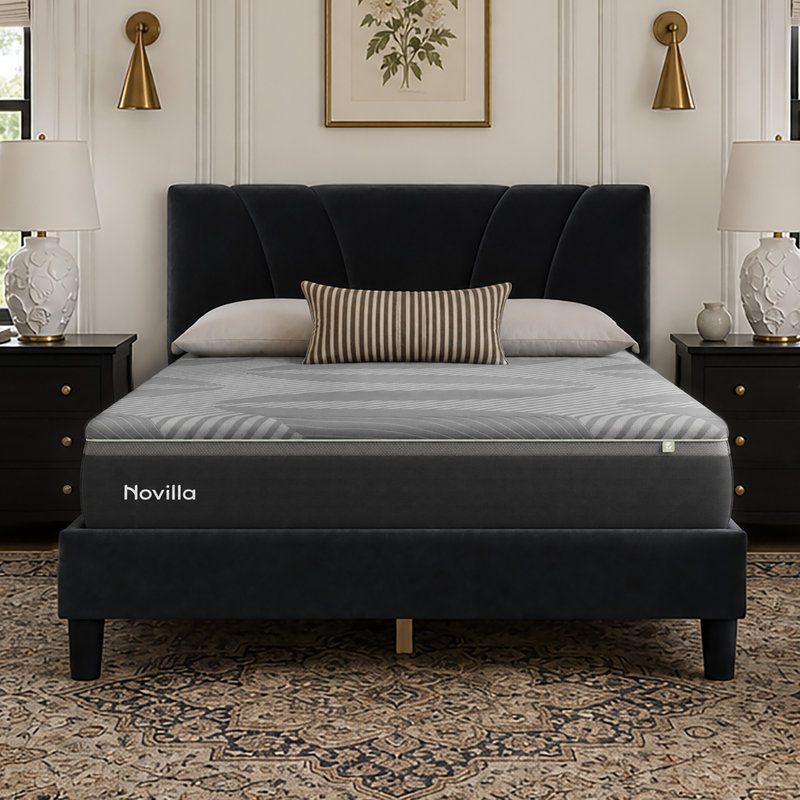 Ensemble de lit plateforme tapissier et matelas, matelas en mousse viscoélastique gélifiée 12 ", Full, Noir