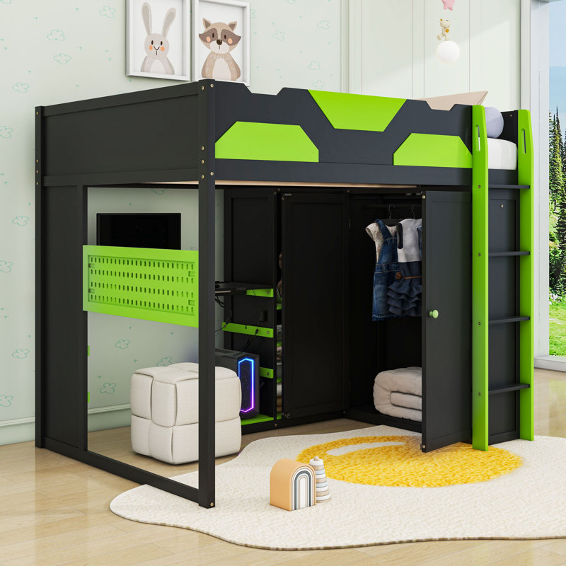 Full Size Loft Bed With RGB LED Light Strip, USB Charging Station And Adjustable Desk, Green