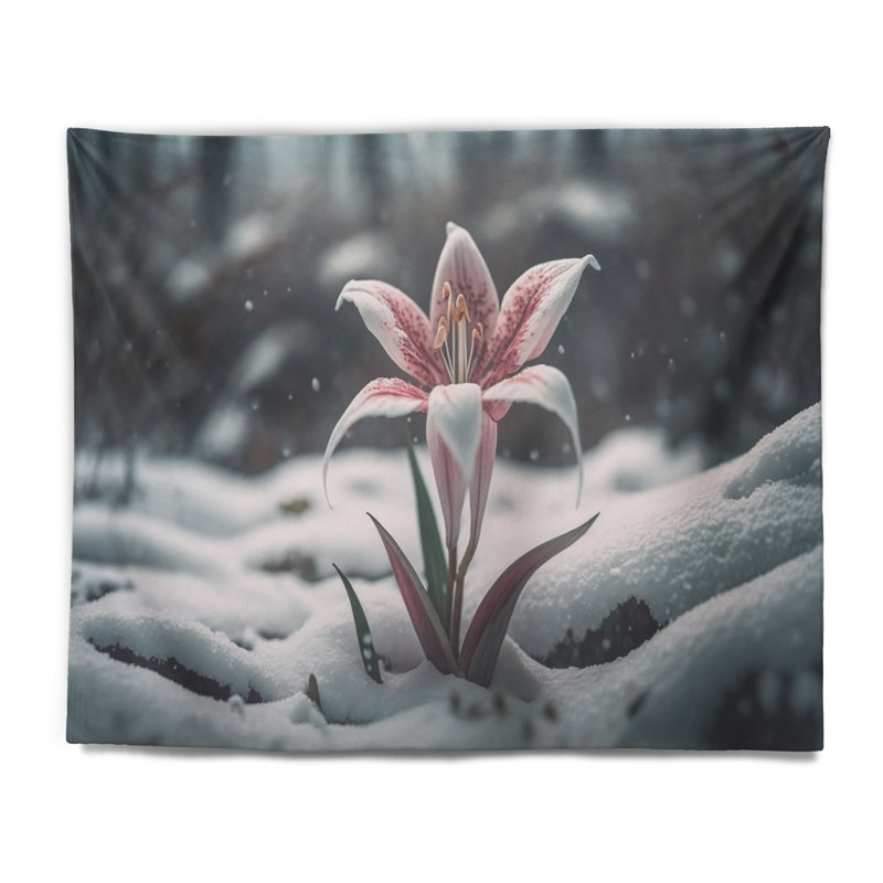 Polyester, fleur de lys blanche et rose en tapisserie d'hiver, H 32 po x l 39 po