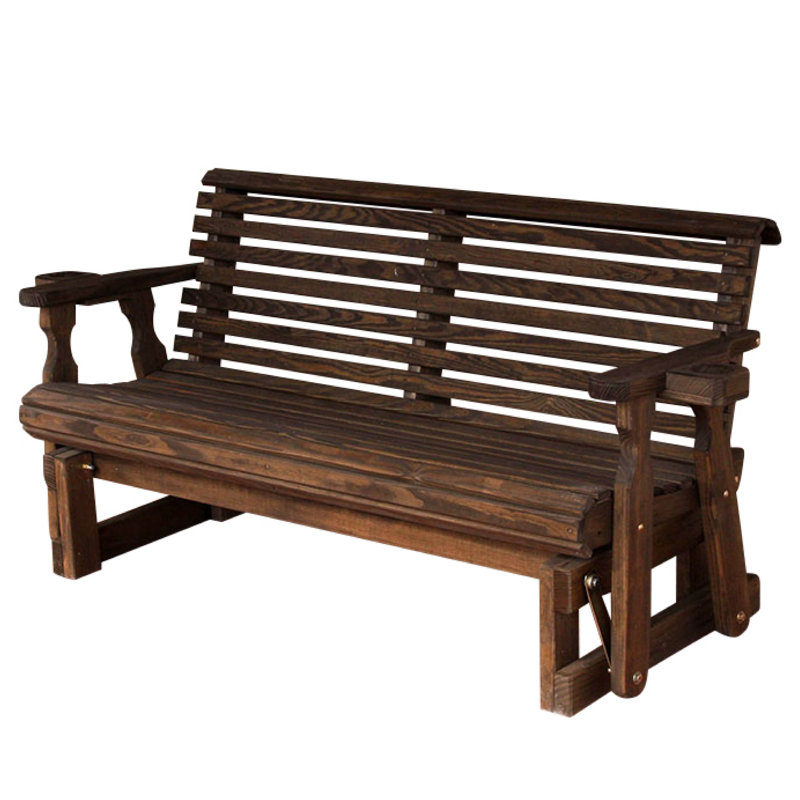 Heavy Duty 800 Lb Roll Back Treated Porch Glider Bench, 5ft, Cupholders, Dark Walnut