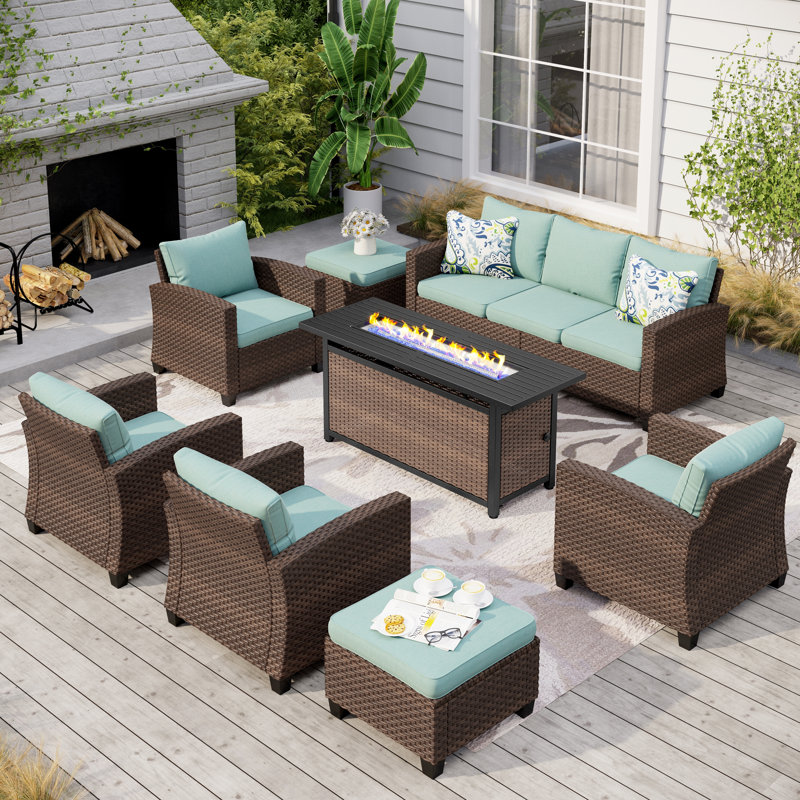 Salem 9-Person Wicker Patio Conversation Set with Fire Pit, Cushion Pro Blue Performance Canvas, Yes