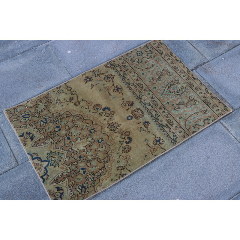 Handwoven Turkish Oushak Rug - Vintage Small Green Oriental Bathroom Mat