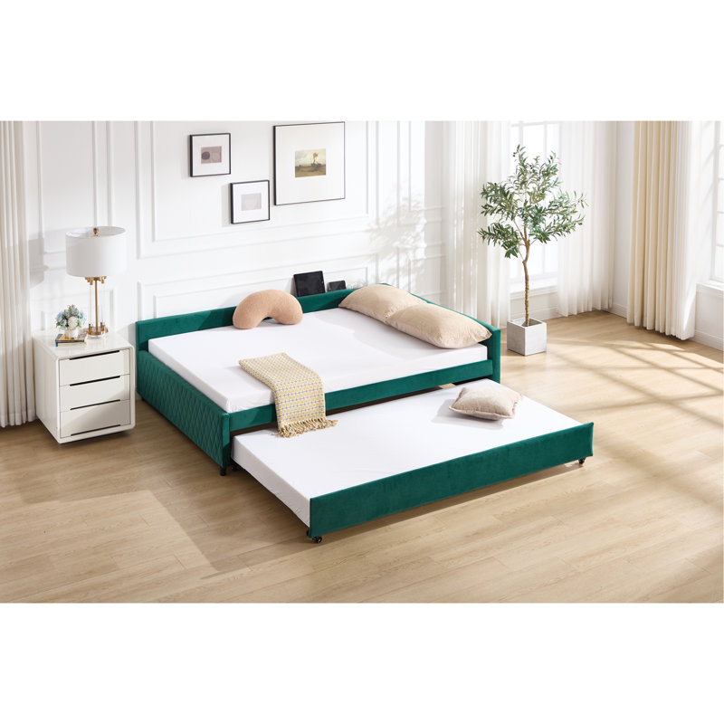 Lit de jour rembourré avec lit gigogne, structure de lit en bois robuste, conception de grille de diamant moderne, pour chambre à coucher, chambre d'amis (émeraude)