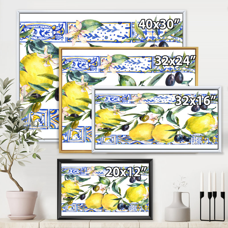 Ornement en forme de citron sur un motif géométrique bleu II - reproduction de cadre flottant sur toile, Cadre noir