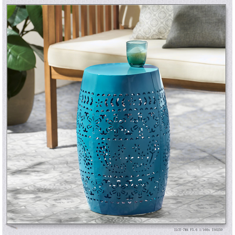 Ruby Side Table, Lace Cut Metal End Table For Outdoor & Indoor Use, Barrel Shape Accent Table With No Assembly Needed For Garden, Patio, Living Room, Backyard Decor