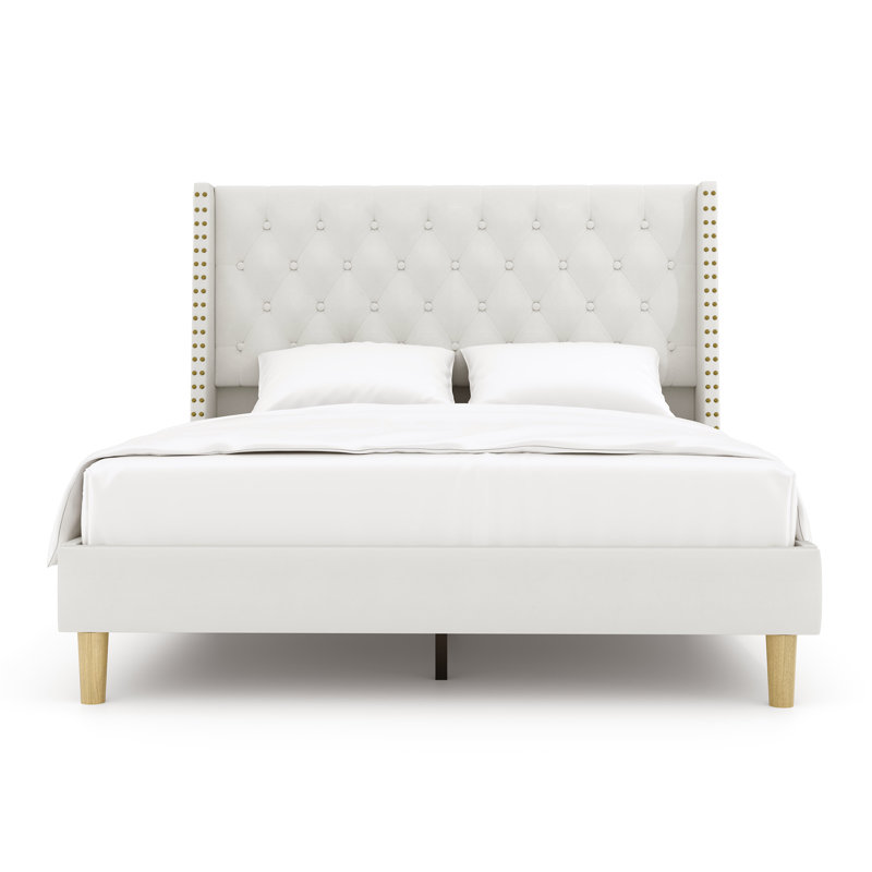 House of Hampton Modern Velvet Upholstered Platform Bed with Wingback Tufted Headboard, Beige, Full/Double