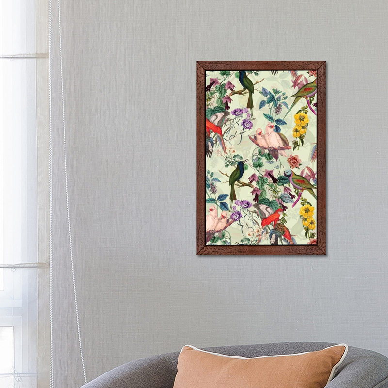 Floral And Birds Viii by Burcu Korkmazyurek - Painting on Canvas, 101.6 cm H x 66.04 cm W, Brown Framed