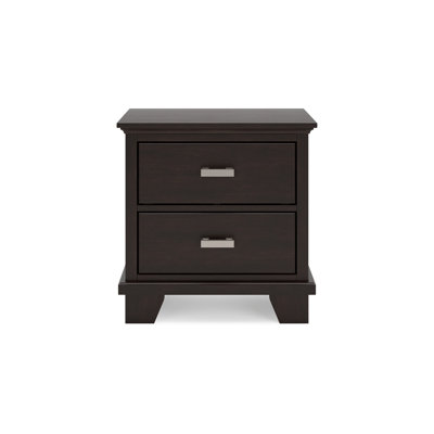 Teno Nightstand, 2 Drawers, Nickel Handles, Dark Brown Solid Hardwood