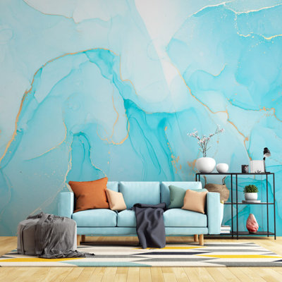 Murale en marbre turquoise | Papier peint pierre encre alcool | Non-tissé ou pelez et collez