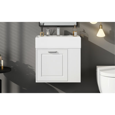 Meuble-lavabo mural blanc de 21,8 po avec lavabo en céramique lisse, grand tiroir à fermeture douce, étagère réglable à 2 niveaux et porte-papier hygiénique, rangement facile à assembler, blanc Pinewood, ouvert