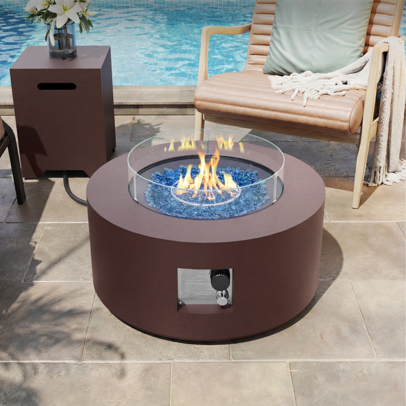  28-Inch Round Iron Gas Fire Pit Table,Includes Tank Cover and Wind Guard, Brown