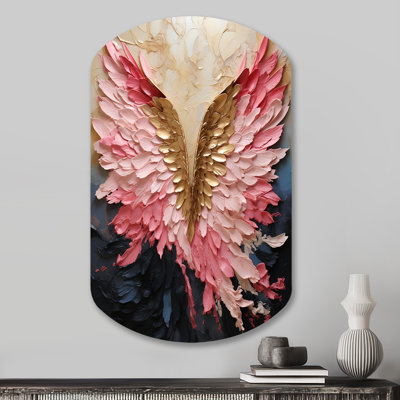 Ailes d'ange roses et dorées - spirale abstraite, impression sur cylindre en métal, décoration murale asymétrique moderne en métal