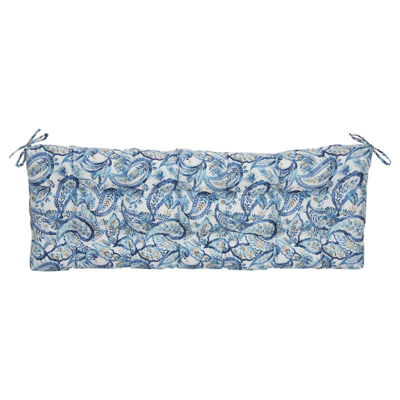 Tufted Outdoor Loveseat Cushion, White/Faylinn Lapis Paisley, 60" W x 19" D