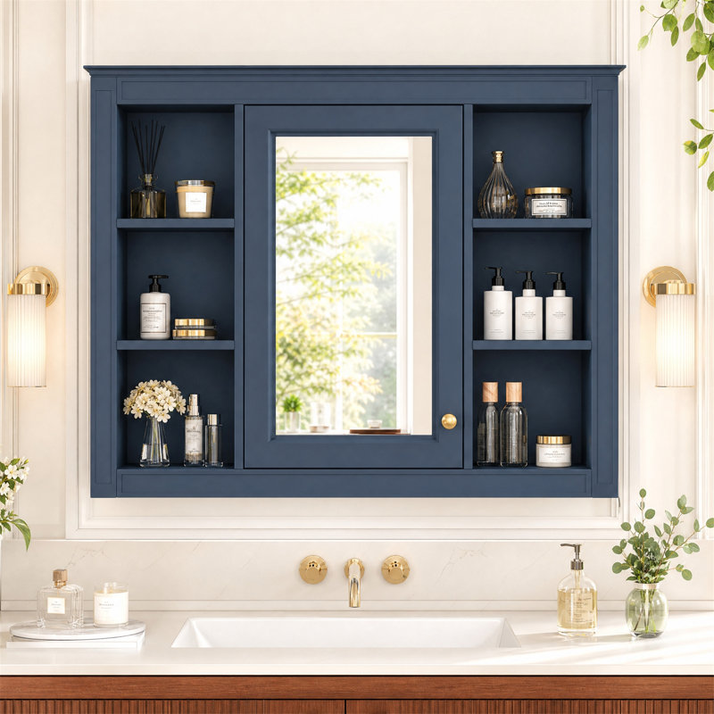 Armoire à pharmacie murale de 89 cm (35 po) avec miroir et 5 tablettes ouvertes, bleue, Bleu