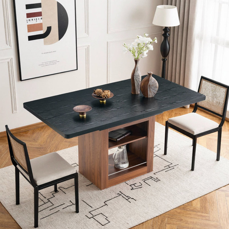 59''-71'' Expandable Dining Table, Rectangular Kitchen Dining Table With Two Open Shelves, Accommodating 4-8 People, Black