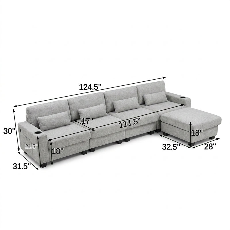 Canapé modulaire modulaire en L avec repose-pieds détachable et 4 coussins lombaires, Gris foncé