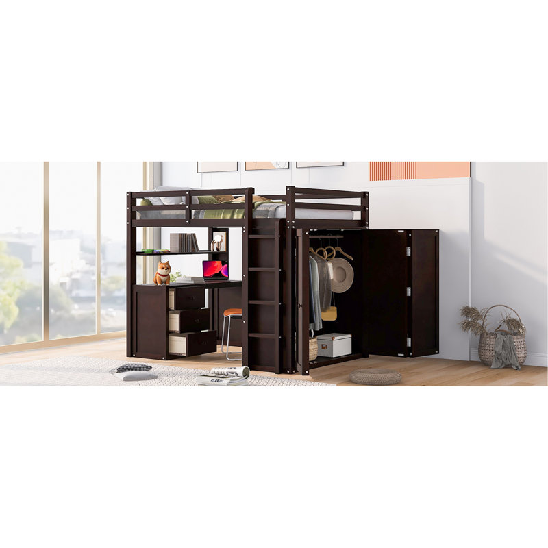 Lit mezzanine avec tiroirs, bureau et garde-robe, Lit double, Espresso