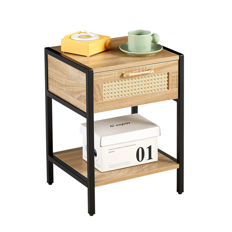 Natural Rattan and MDF Nightstand with Metal Legs and Storage