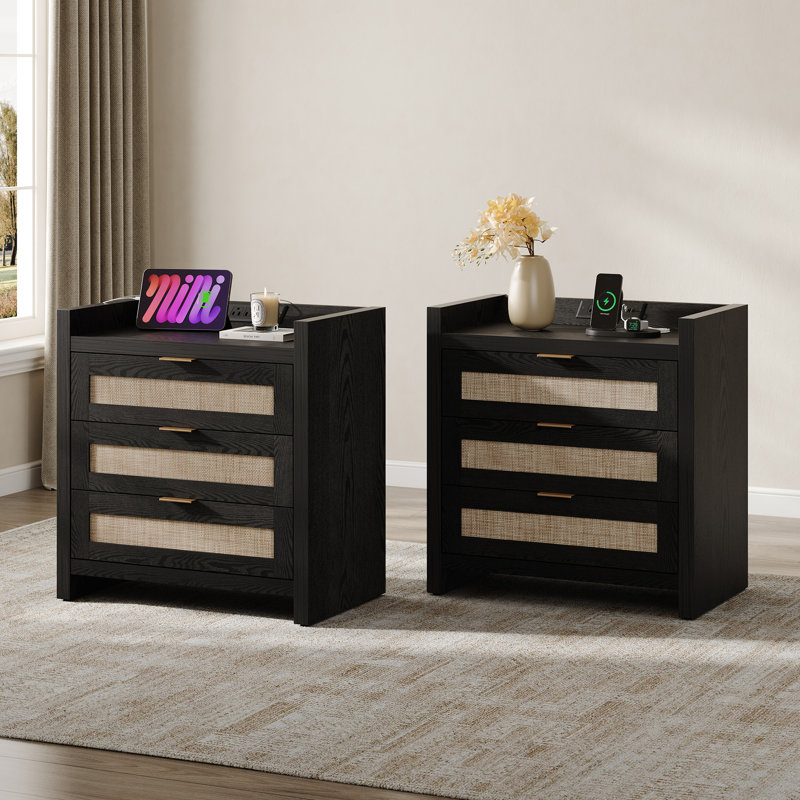 Ashvir Rattan 3-Drawer Nightstand With Built-In Outlets, Black