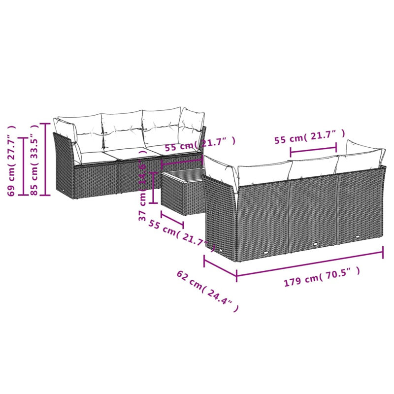  Ensemble de canapé de patio 7 pièces avec coussins en rotin de polyester gris