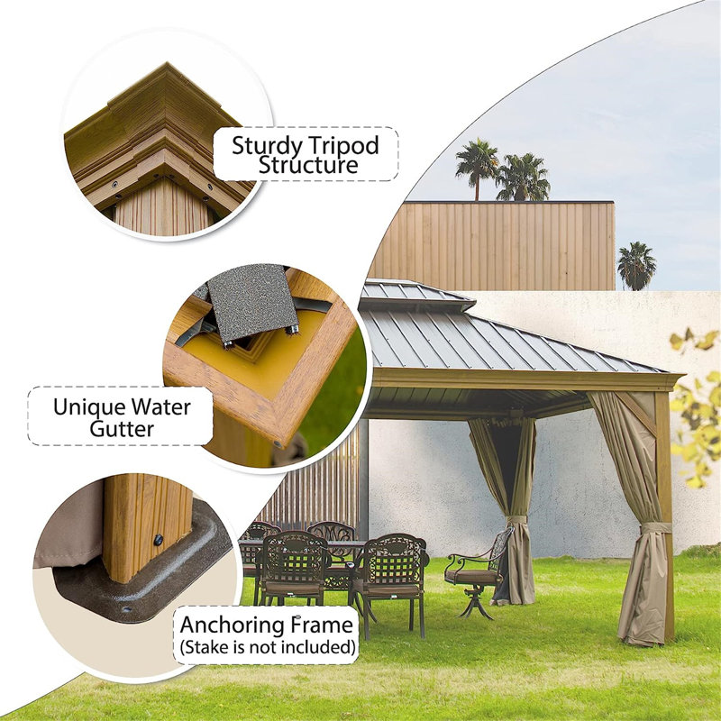 14' x 12' Brown Aluminum Patio Gazebo with Black Roof