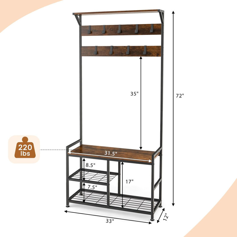 Hall Tree 33'' Wide with Bench and Shoe Storage
