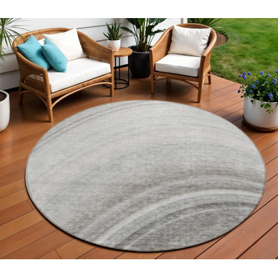 8' Grey Silver And Beige Round Abstract Washable Indoor Outdoor Area Rug