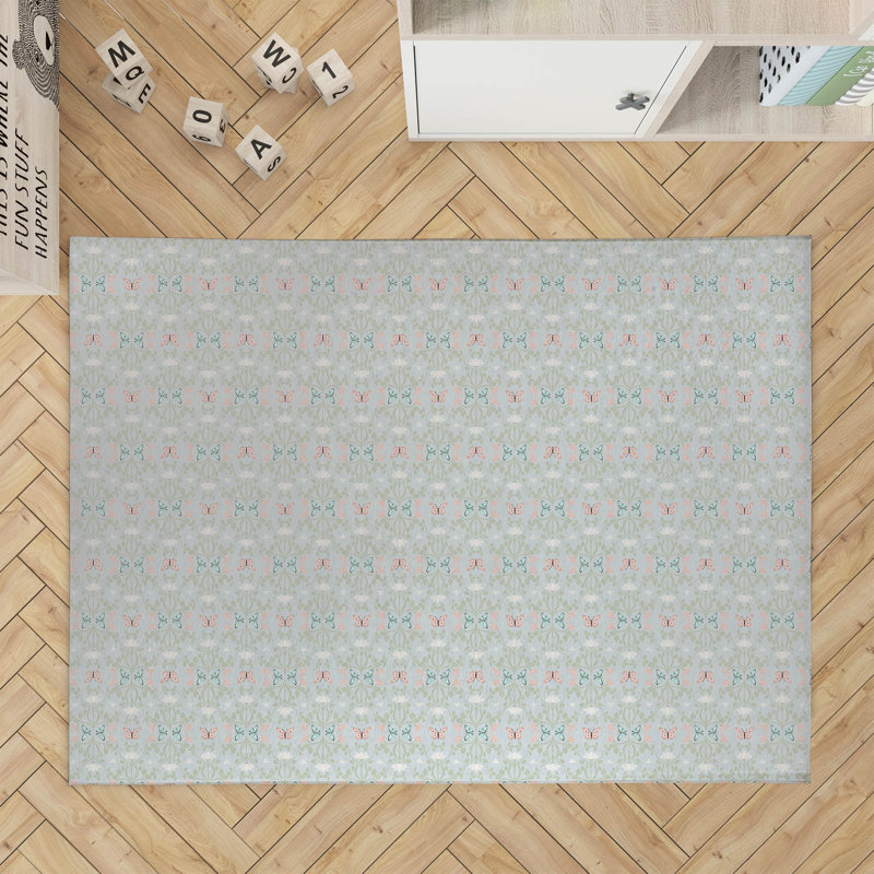 Tapis de jeu Bees & Butterflies, Rectangle 5 pi x 7 pi, Bleu clair / vert / rose