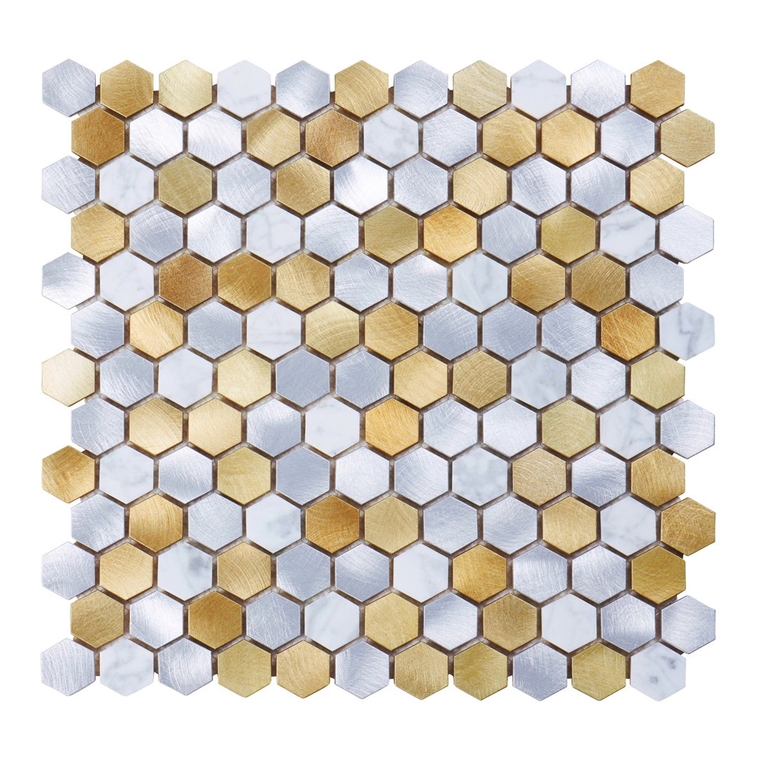 White Calacatta Marble Champagne Gold Metal Aluminum 1" Hexagon Mosaic Sheet Tile By Modket Modket 