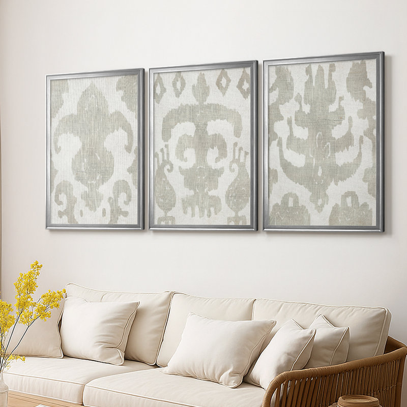 Shak Ikat II - Toile tendue avec châssis sur mesure - 3 pièces, Argent argent, H 19 po x l 27 po