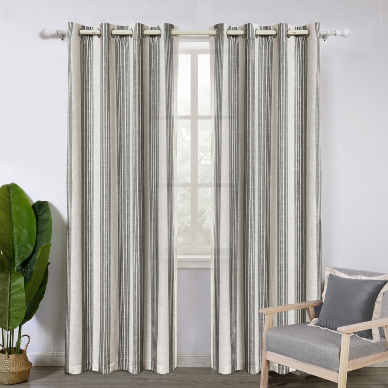 Semi Sheer Grommet Linen Chris Stripe Patterned Curtains, 52" W x 96" L, Gray