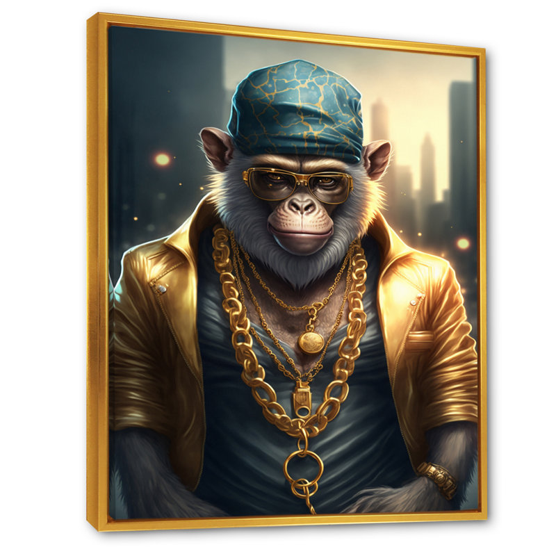 Monkey Gangster in NYC I - Impression sur toile, H 40 po x l 30 po x P 1,5 po, Toile avec cadre flottant or