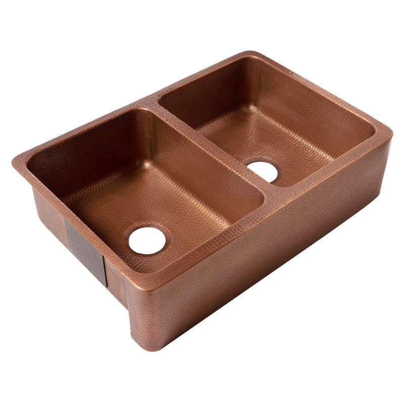 Lange Copper 32" Double Bowl Farmhouse Apron Front Undermount Kitchen Sink