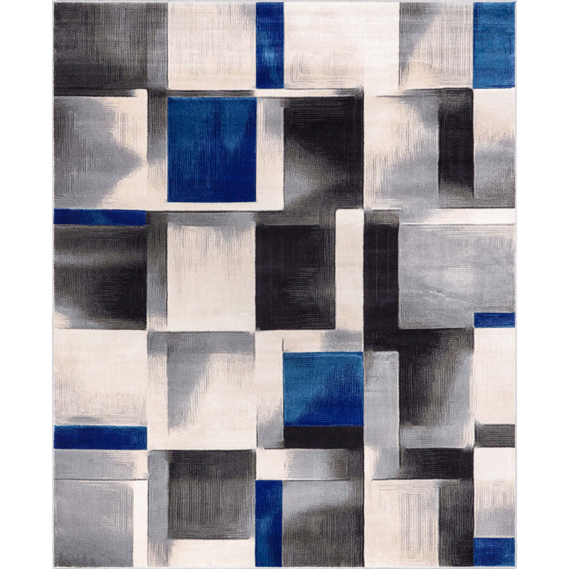 Cillan Modern Geometric Boxes 3D Textured Rug, Rectangle 9'3" x 12'6", Loom Blue