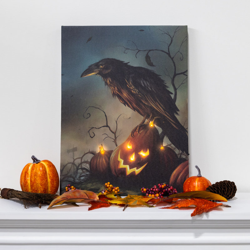 Art mural à piles avec éclairage - Corbeau d'Halloween