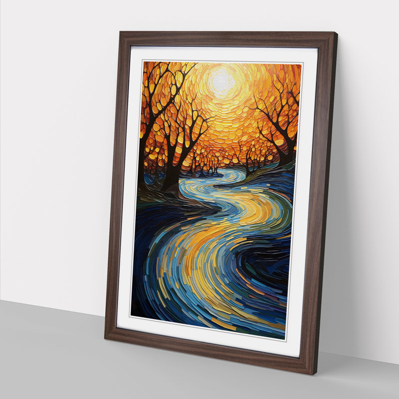 River Abstract - Single Picture Frame Print on Wood, 46cm H x 34cm W x 2cm D, Walnut