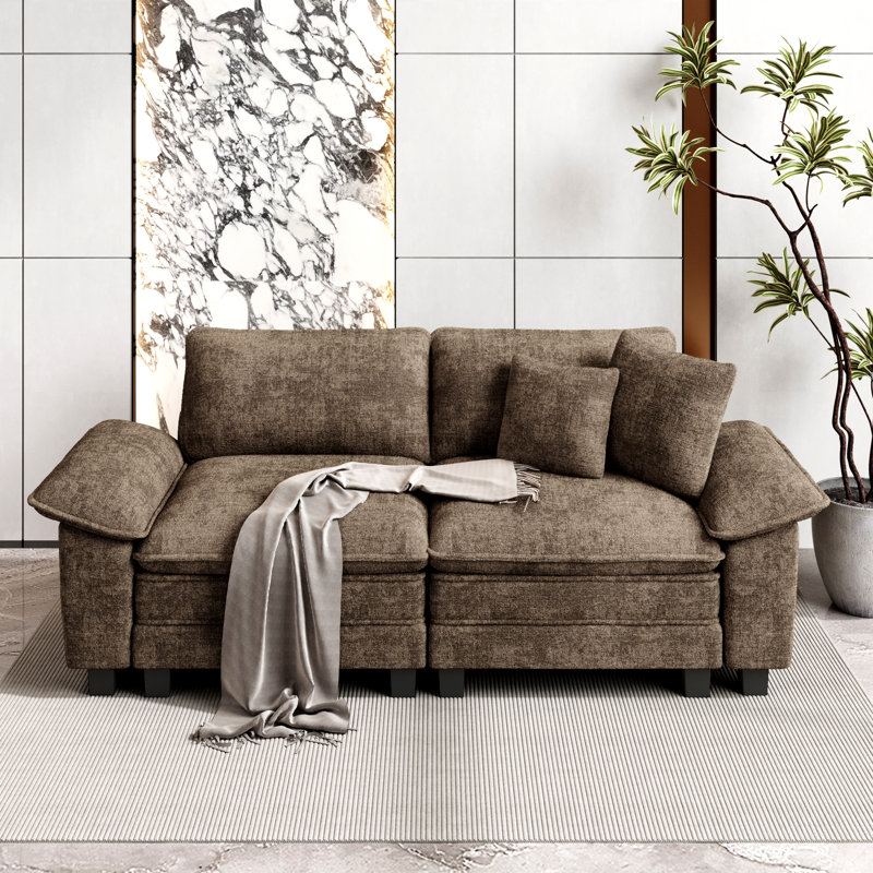 Canapé modulaire 88 places pour salon, canapé 2 places à assise profonde avec coussin décoratif, Chenille brun, 2