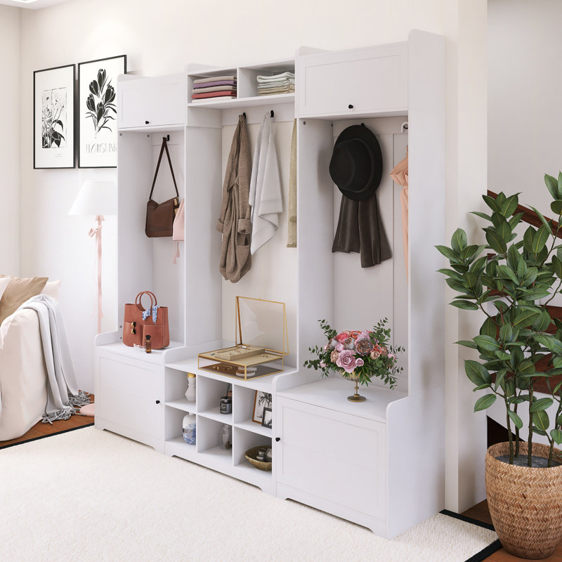79.10 Inch Hall Tree With 7 Coat Hooks,Adjustable Shelf And Shoe Storage, White