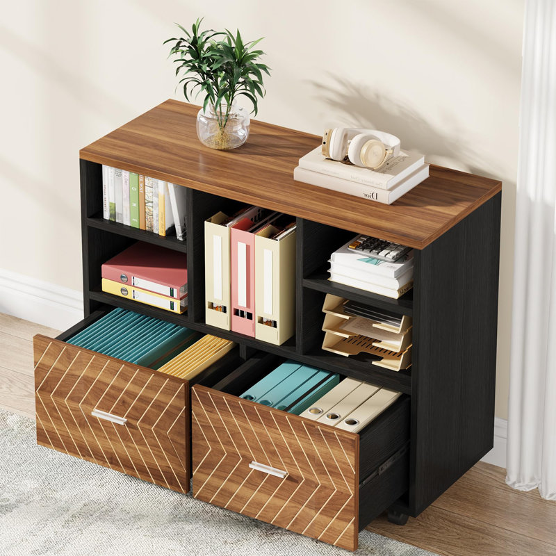 2-Drawer Wood File Cabinet, Walnut/Black