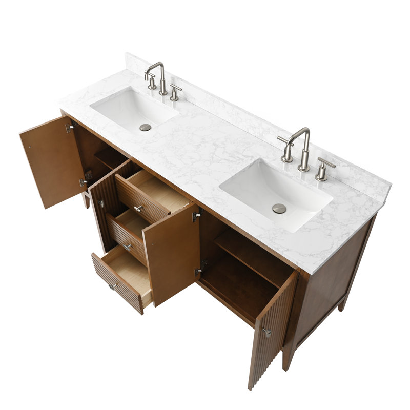 Laval 72" Double Sink Freestanding Bathroom Vanity with Engineered Marble Top, Linear Walnut, Brushed Nickel
