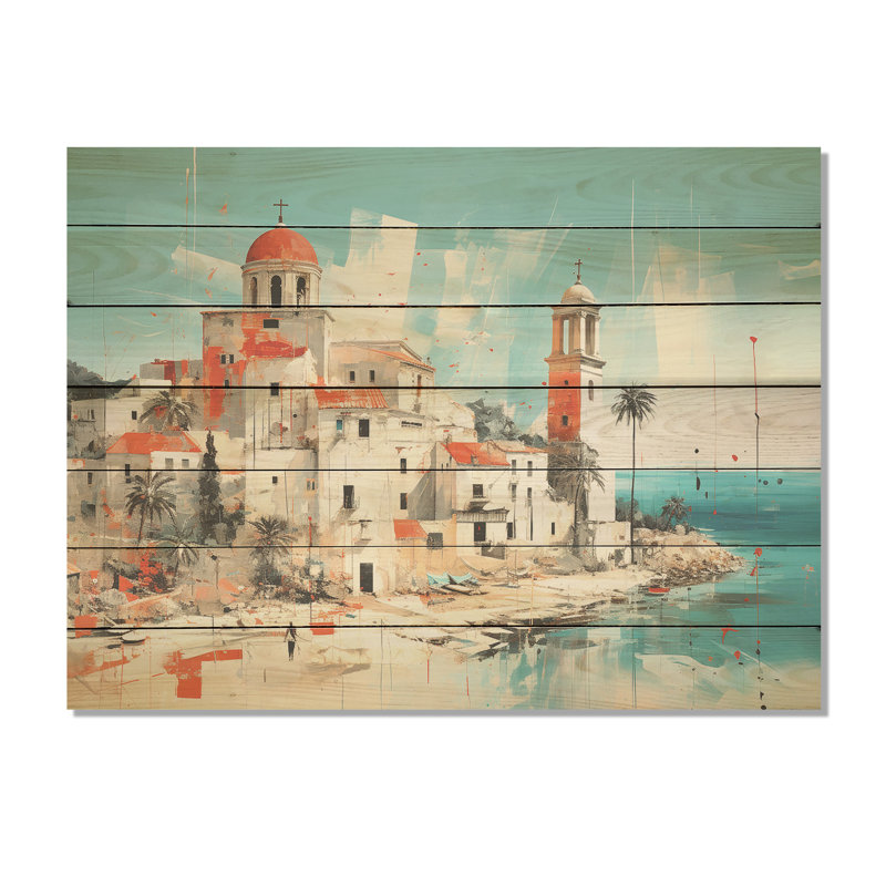 Impression de l'île grecque de Santorin I - Santorin sur bois, H 10 po x l 20 po