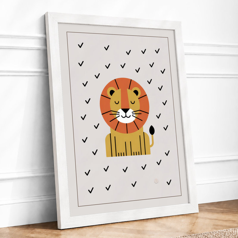 Cheerful Lion Geometric - Framed Print, A4 - 29.7 x 21.0 cm, White