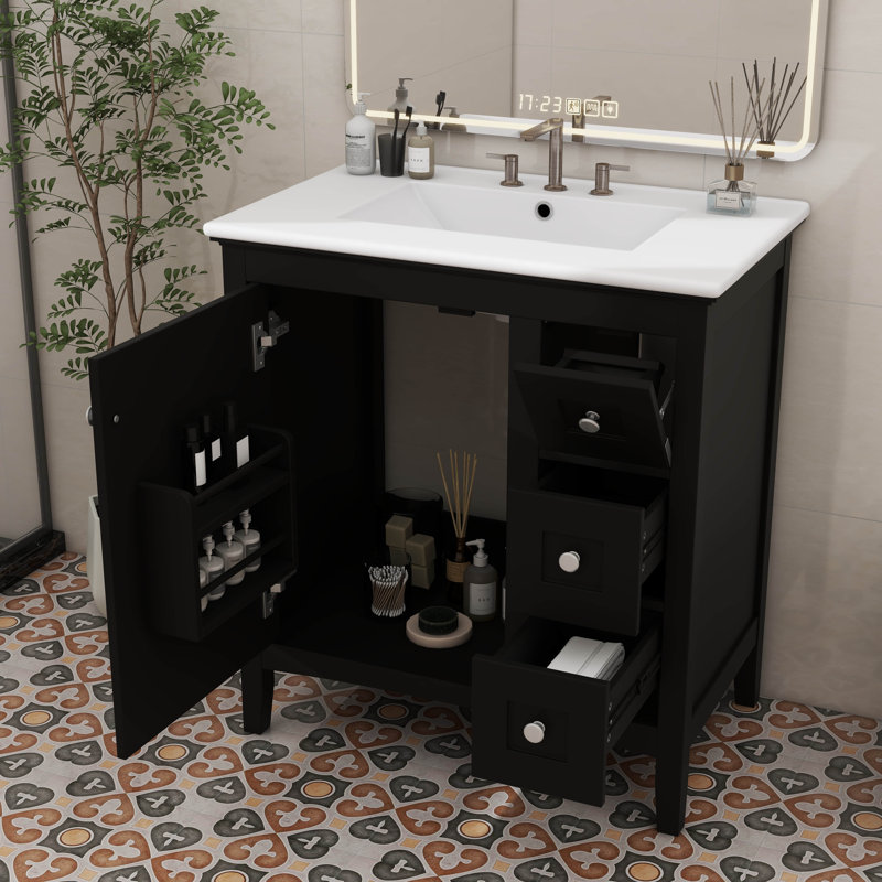 Meuble-lavabo de rangement moderne 30 po avec lavabo et tiroirs à extension, Noir