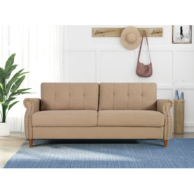 Transitional Button Tufted Loveseat Sofa, Rolled Arm with Nailhead Trim Polyester Fabric 2-Seater Couch, Solid Pine Frame Round Rubber Legs for Living Room, Multi Colors Option