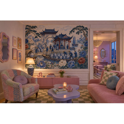 Chinoiserie Wallpaper Blue And White Porcelain Chinese Pavilion Wall Mural