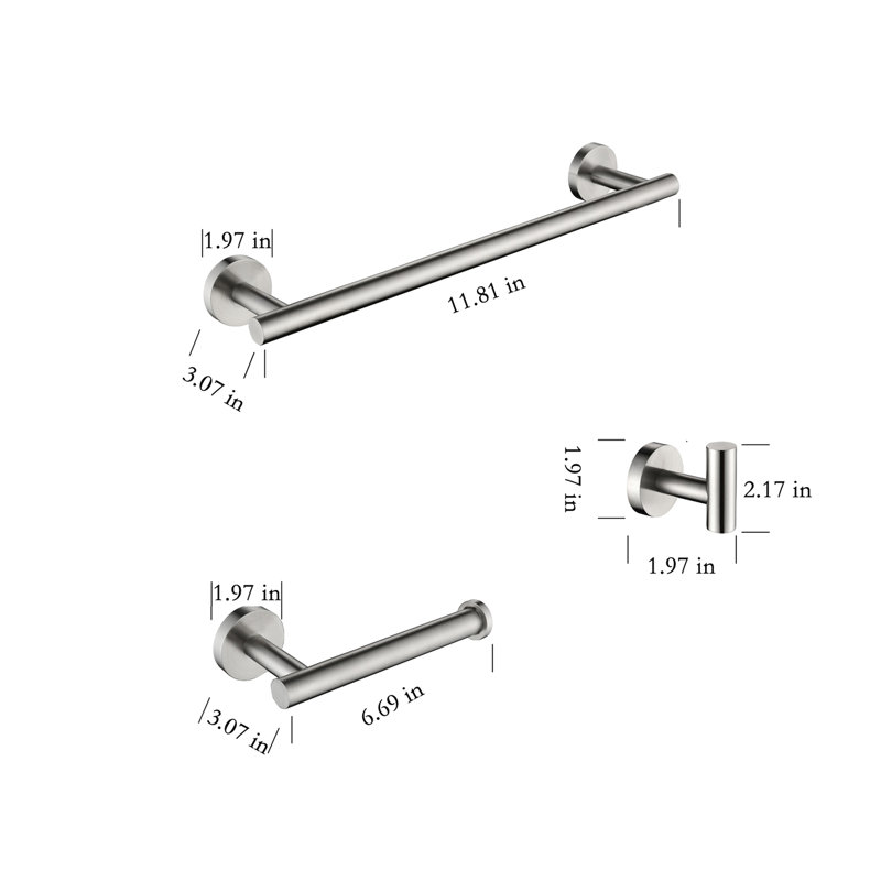 3 Bathroom Hardware In Sus304 Stainless Steel, Brushed Nickel, Wear- Bath Shower  Toilet Paper Holder, Towel Bar, Robe Hook 3 Steel Hardware,  Robe Hook, Toilet Bar