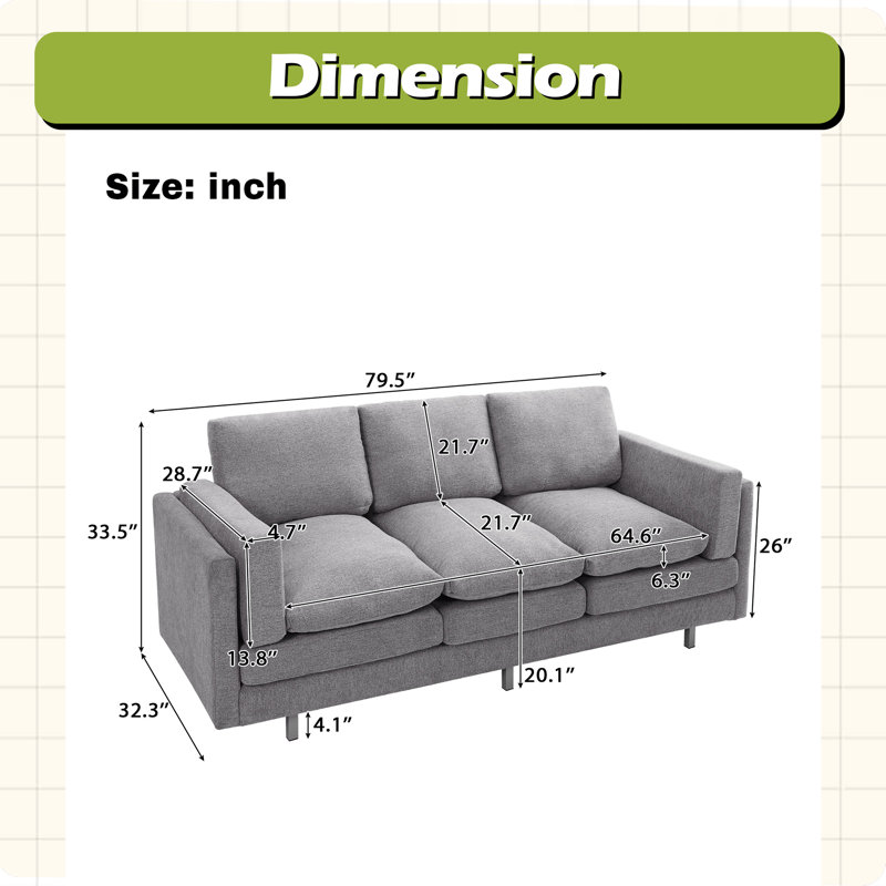 Canapé 3 places 79,5 po Modern, Gris clair
