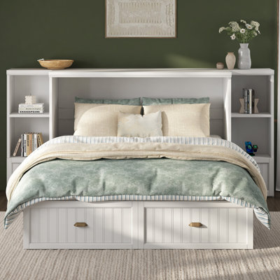 Wilkinson Farmhouse Full Murphy Bed with Bedside Tables, 3 Storage Drawers & Charging Station, White