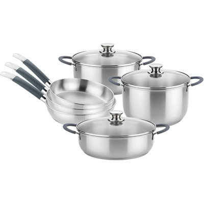 BRA COOKWARE Master 9-Piece Stainless Steel Cookware Set | Professional Pots & Pans Set w/ 2 Pots, 1 Sauté Pan, 3 Frying Pans, 3 Lids | All Stovetops | PFAS Free | Silicone Coated Handles